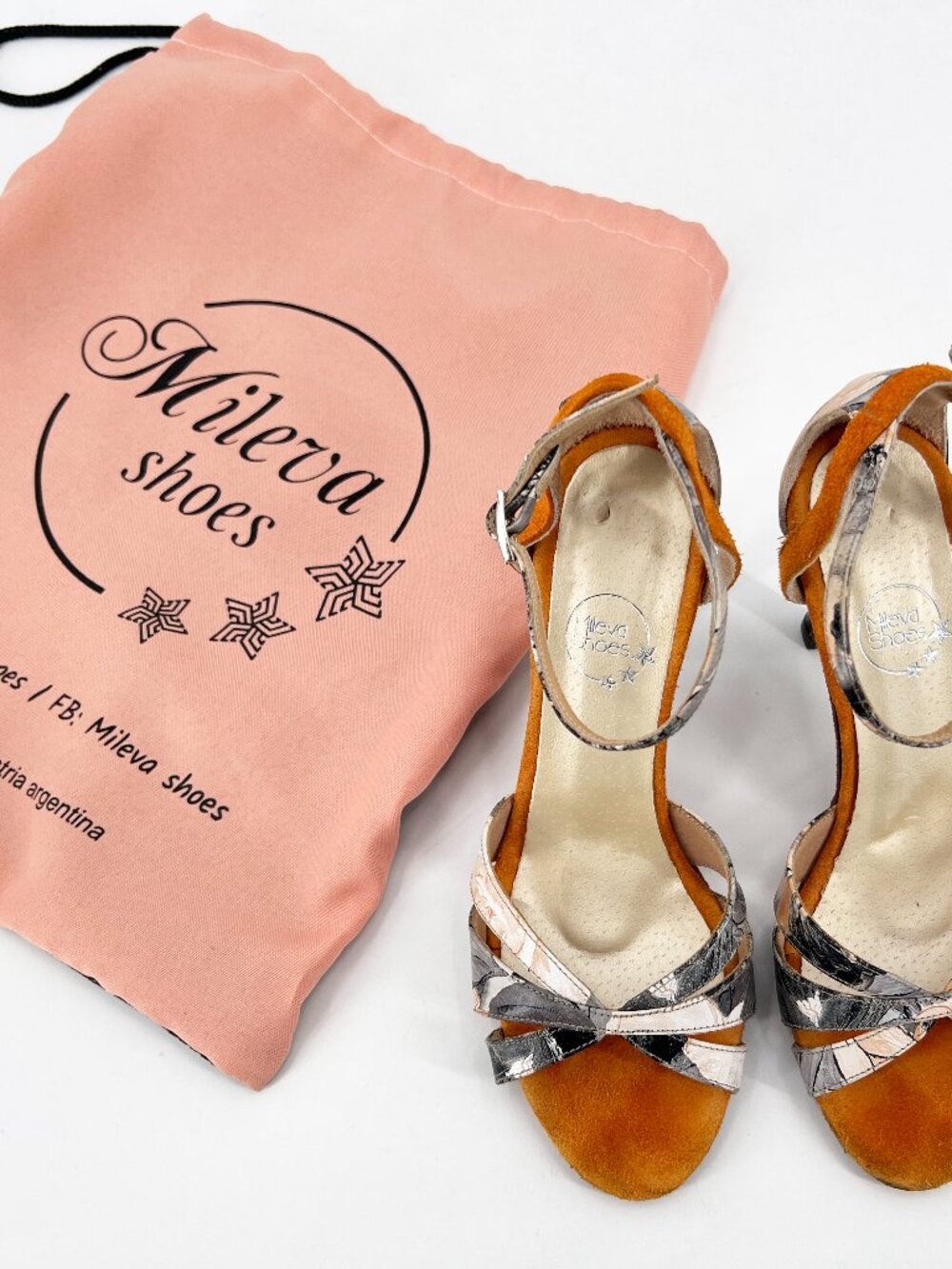 Mileva Tango Shoes-Floral Print Leather & Suede Trim Sole Heels 3.5" Size 7